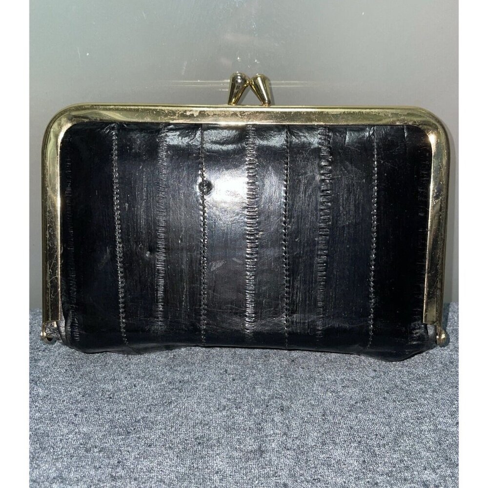 Eel Skin Vintage Rectangle Clam Shell Kiss Lock Mirrored Coin Purse Make Up Bag - Picture 2 of 5